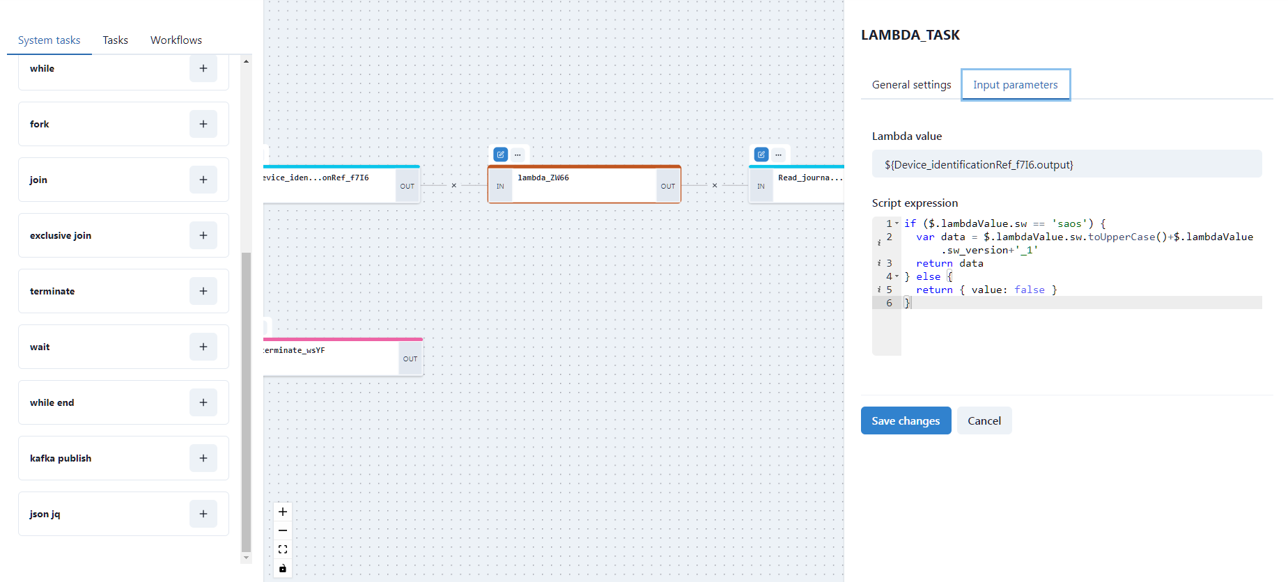 Workflow builder UI - icon Edit task clicked - form for editing of second lambda task